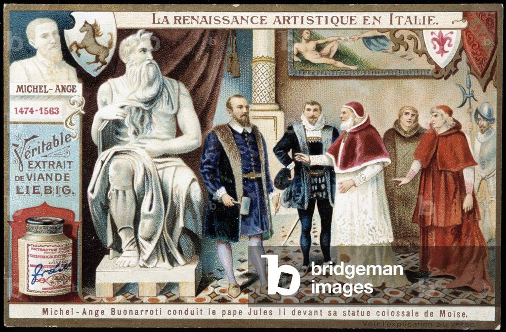 Michelangelo Buonarroti dit Michel Ange (Michelangelo or Michelangelo, 1475-1564) leads Pope Julius II to his colossal statue of Moses - Chromolithography Liébig, v.1900