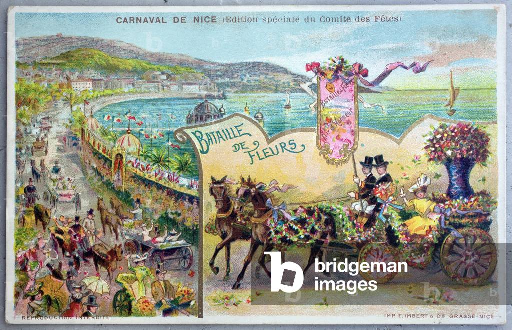Nice Carnival, Flower Battle. Old postcard, special edition of the festive committee, early 20th century illustration.