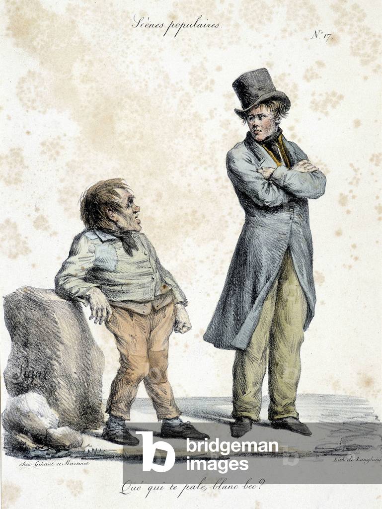 Popular scene depicting a midget and a bourgeois. Caricature by Pigal (19th century).