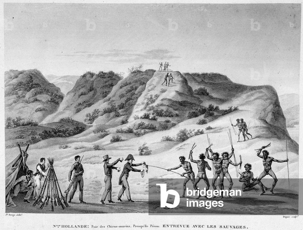 New Holland, Bay of Marine Dogs, Peron peninsula: interview with the Indians (encounter between Aborigines and settlers) - engraving, deb. 19th century