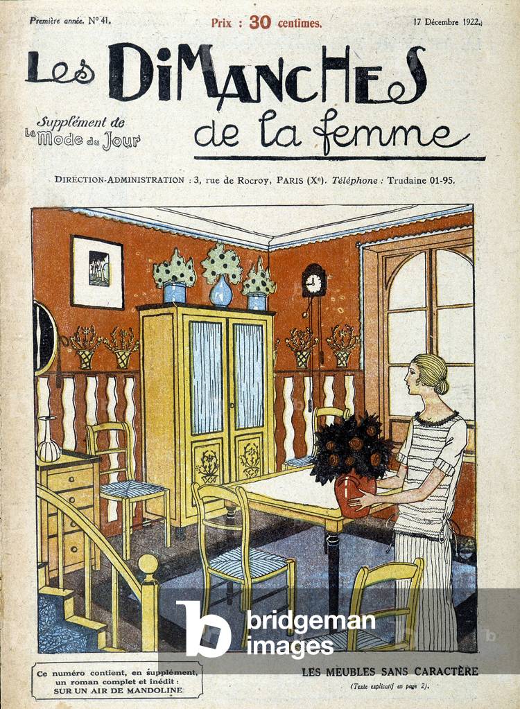 Housewife putting a bouquet of flowers in the dining room. Cover of the magazine 