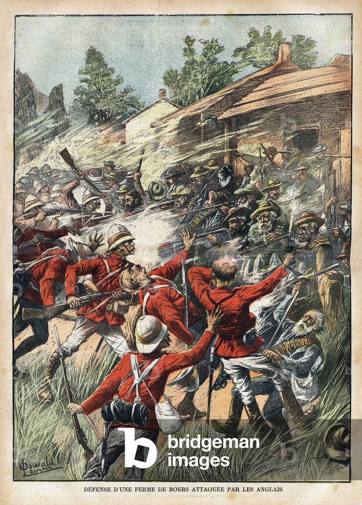 The defense of a Boers farm attacked by British troops during the war in Transvaal (South Africa). Engraving in 
