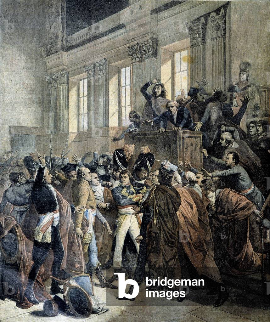 Bonaparte at the coup d'état du 18 brumaire in the Chamber of the Council of Five Cents (Cinq Cents) (salle des 500) of Saint Cloud - in “” Le Petite Journal””, 03/1893