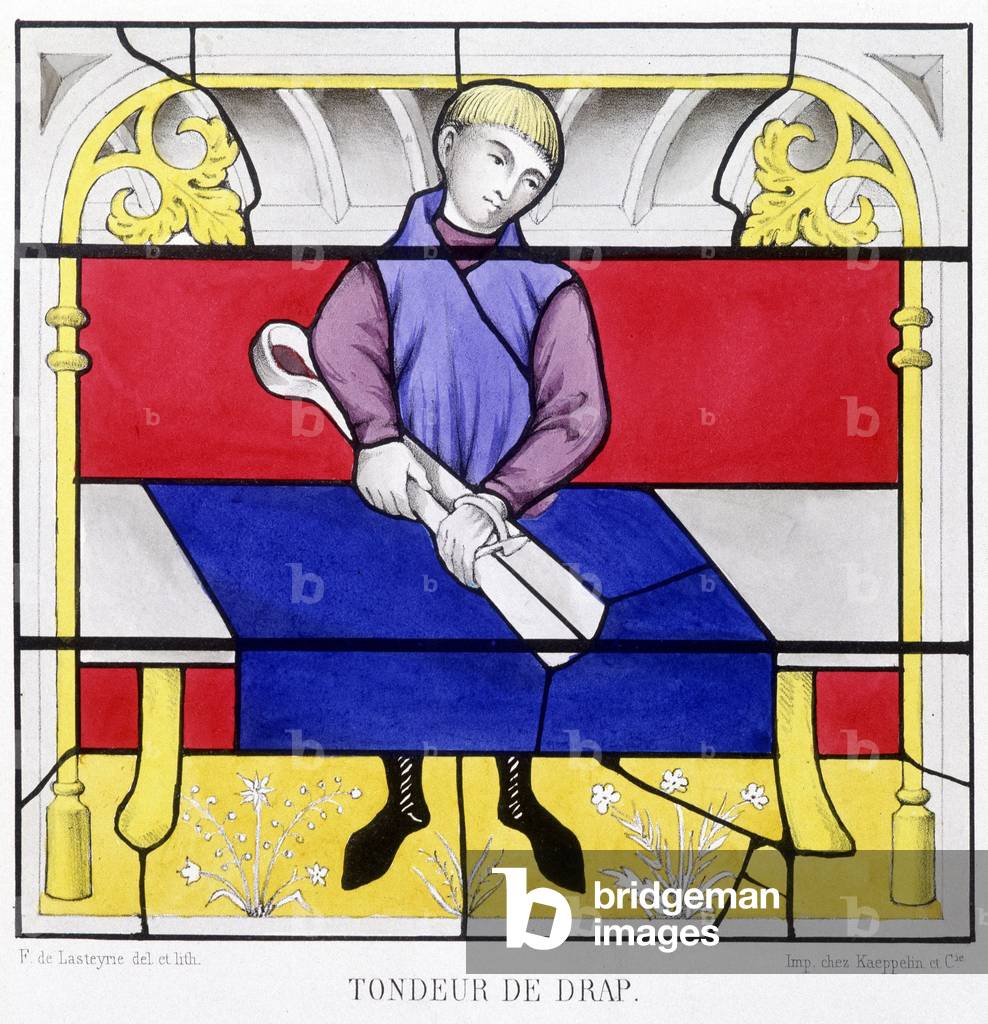 Sheetmaker. Fac simile d'un stained glass from the Middle Ages in “Histoire de la peinture sur verre”” by Ferdinand de Lasteyrie, 1853.