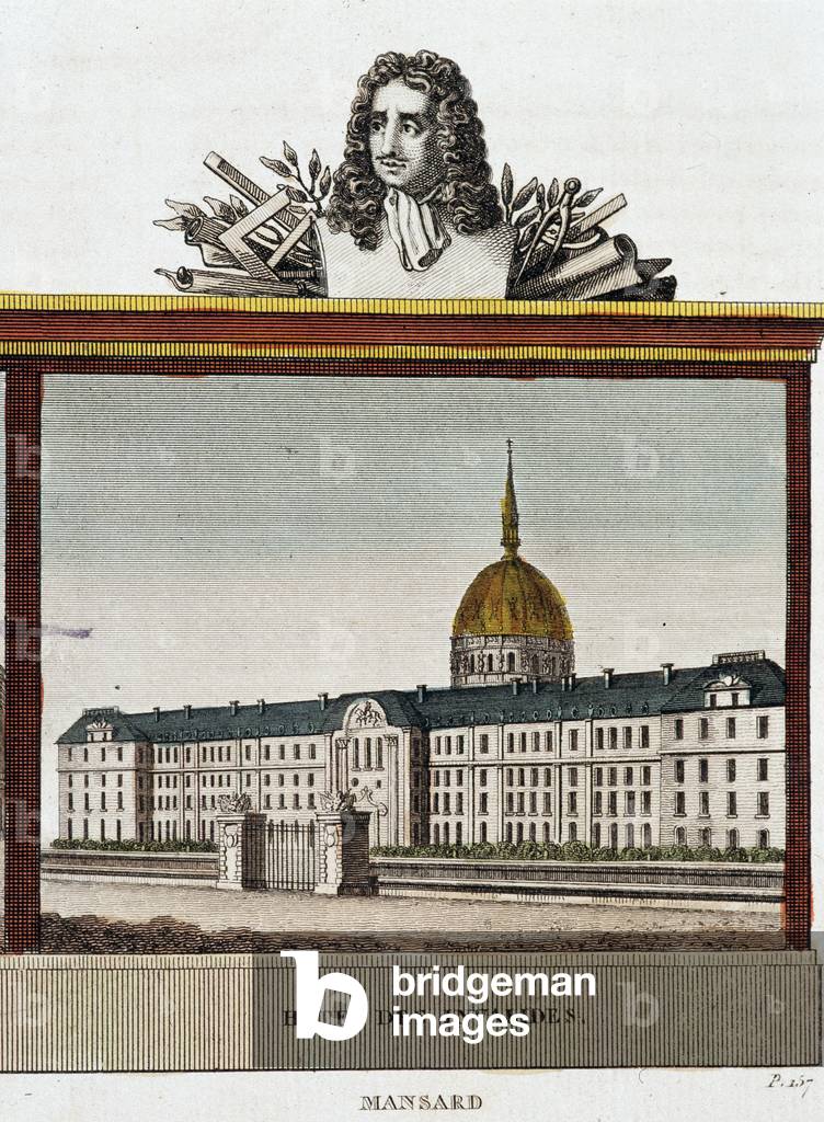Bust of the architect Hardouin-Mansart (Hardouin Mansart) and one of his works: the Hôtel des Invalides.