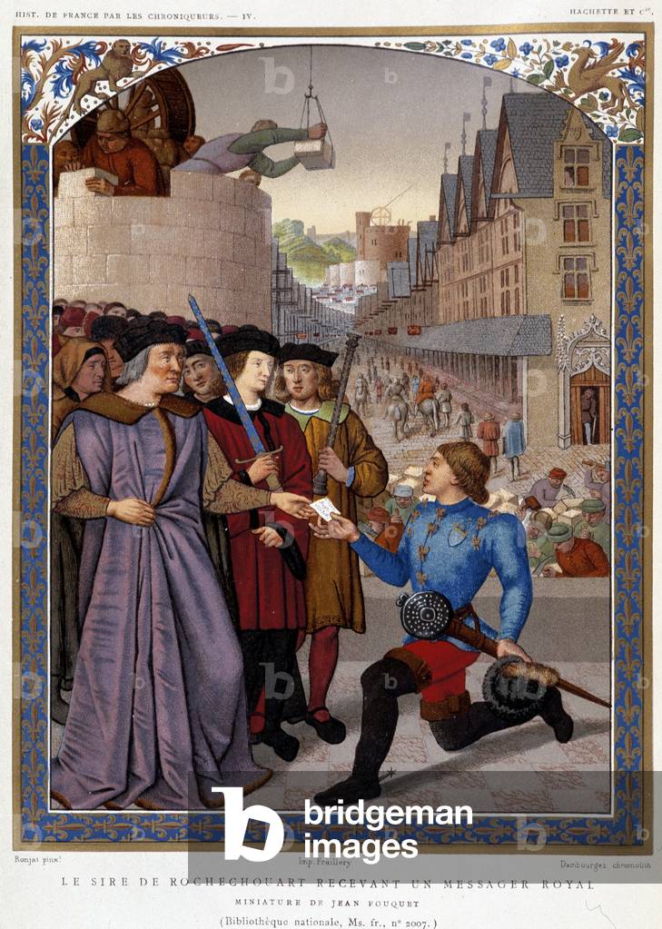 Le Sire de Rochechouart receiving a royal messenger. after Fouquet, in “Les Chroniqueurs de l'histoire de France from the origins to the 16th century” by Mme de Witt, Paris, 1886.