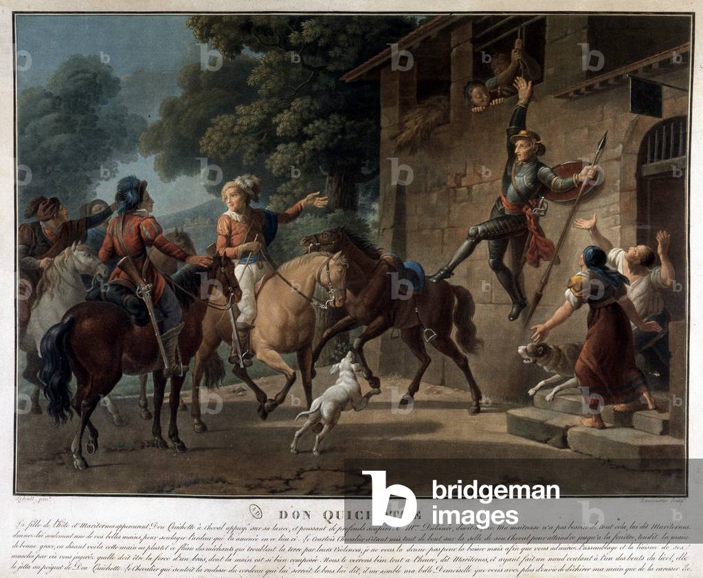 Don Quixote riding on his spear.