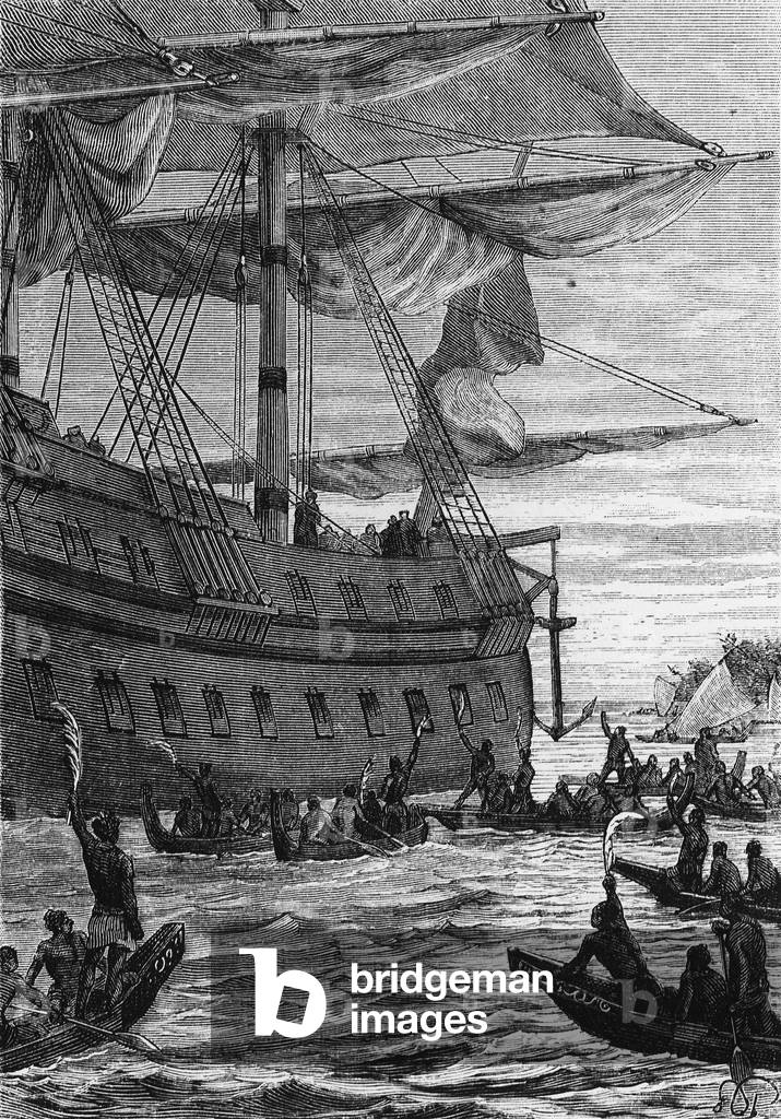 Discovery des Indes: voyage of Wallis in the Pacific; Native people going to meet the Colons - in “” Les Voyageurs du 18eme et 19eme ecle”, by Jules Verne, ed. Hetzel et Cie, Paris.