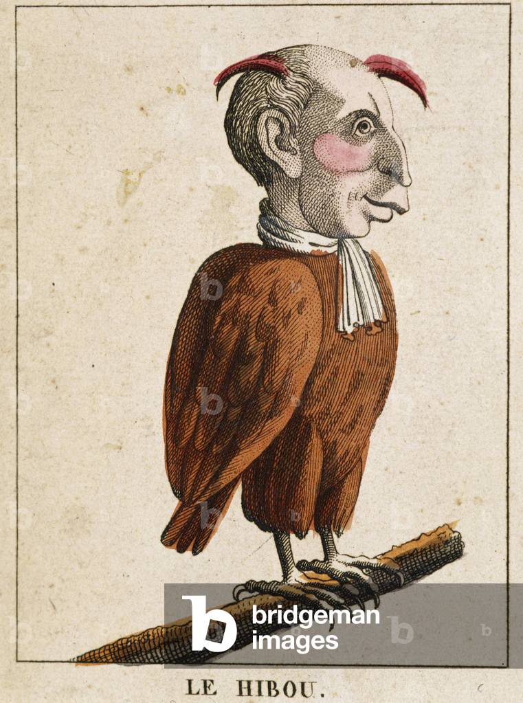 La owl in Caricature, study of character “” volatile caracterise”” sd. 19th, popular imagery.