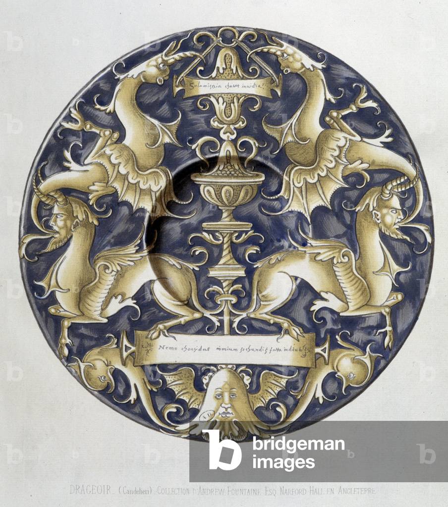 Dragons painted on a faience plate. In “” Receuil de faîences italiennes des 15th, 16th et 17th siècle””, designed by Carle Delange and C. Borneman, Paris 1869.