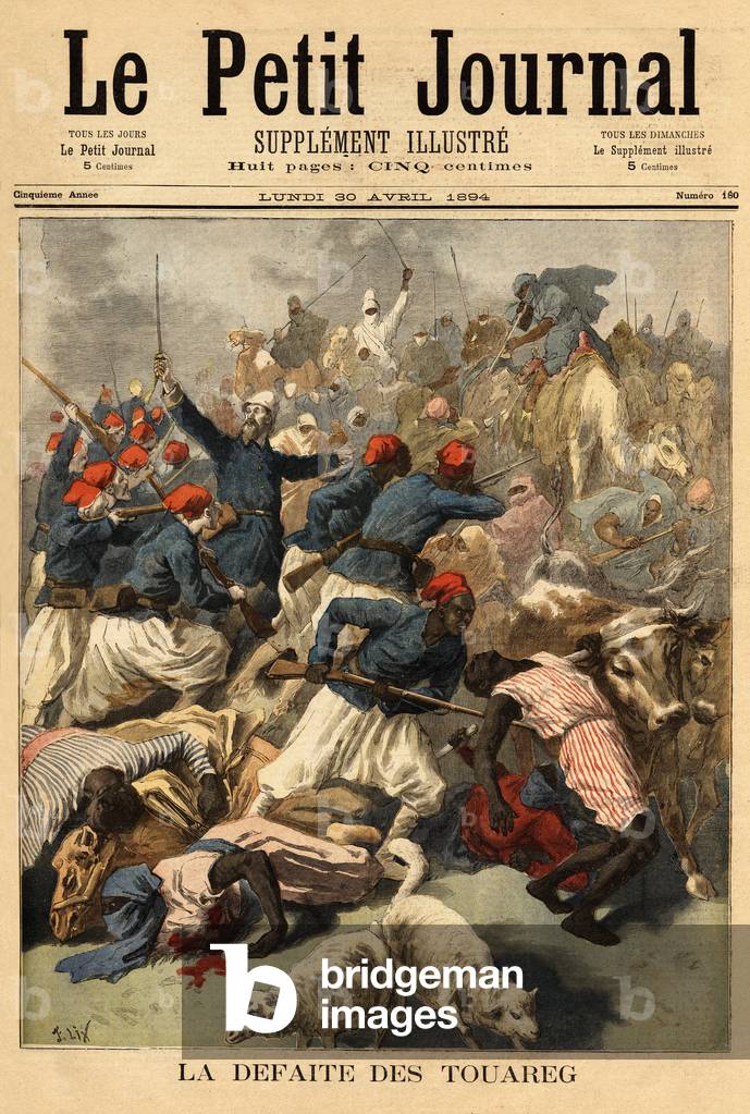 Lieutenant Colonel Joseph Joffre (1852-1931), commander of the French forces in Sudan (French Sudan, actual Mali), submitted on the 23th of March 1894, the Tuareg tribes “” Tengereguif”” between the lakes of Goro and Fati - Lieutenant Colonel Joseph Joffre (1852-1931), commander of the French forces in Sudan (French Sudan, now Mali), submitted the March 23, 1894, the Tuareg tribes tenguereguif, between the lakes of Goro and Fati; He thus took up the weapons they looted on January 15 during the goundam affair, and captured all the horses and camels, leaving almost 120 Tuareg dead. Engraving in “” Le petit journal”” 30/04/1894. Selva's collection.