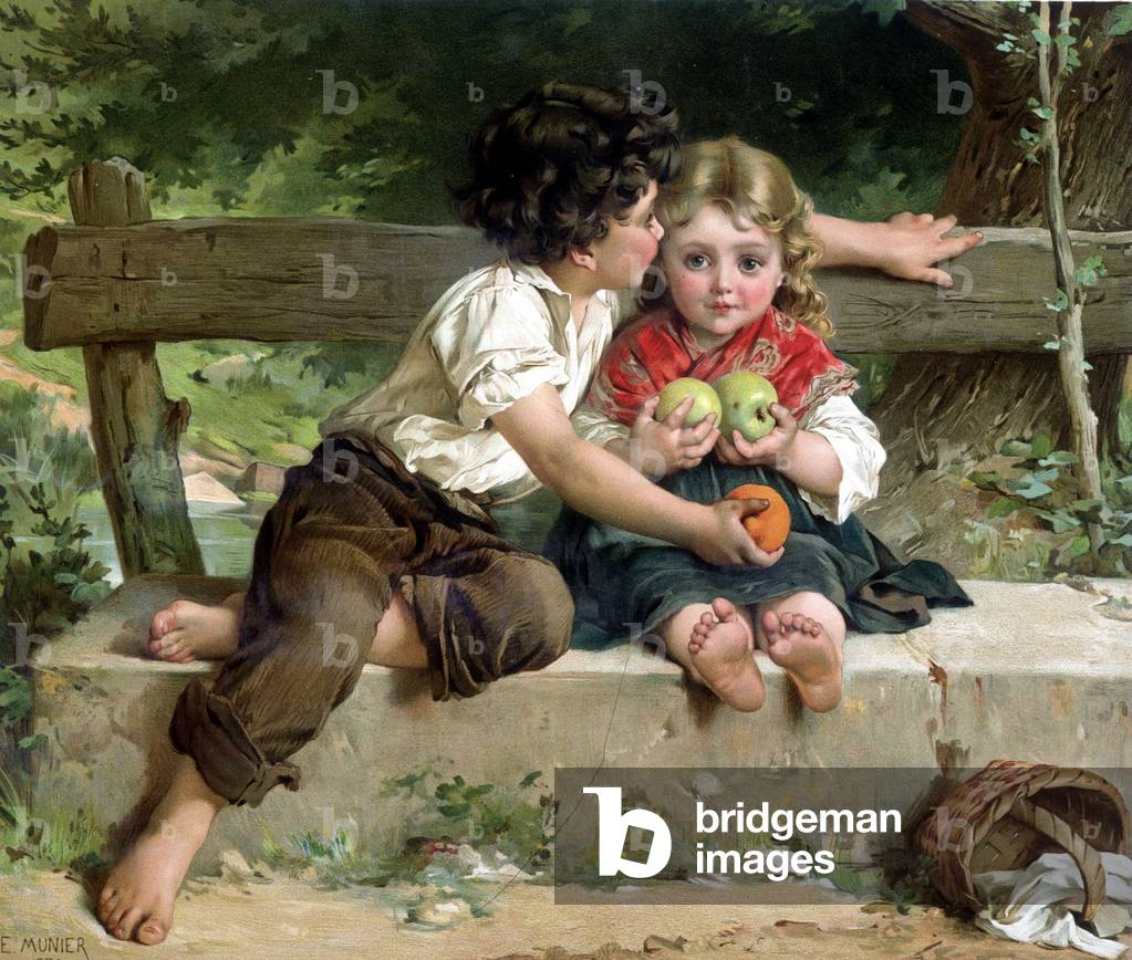 Boyboy kissing girl and giving her apples, according to E. Munier, 1886, English chromo.