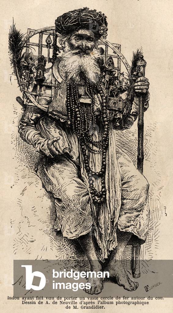 Hindu vowed to wear a large circle of iron around his neck. Engraving to illustrate the voyage in the meridional provinces of India, by Alfred Grandidier, in 1862-1864, published in “” le tour du monde””, under the direction of D'Edouard Charton, Hachette, Paris 1869.Selva Collection.
