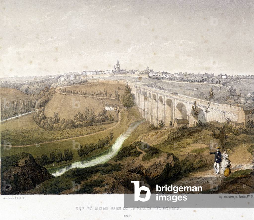 View of Dinan, the viaduct and the Walnut Valley. 19th century illustration preserved at the Museum of Dinan.