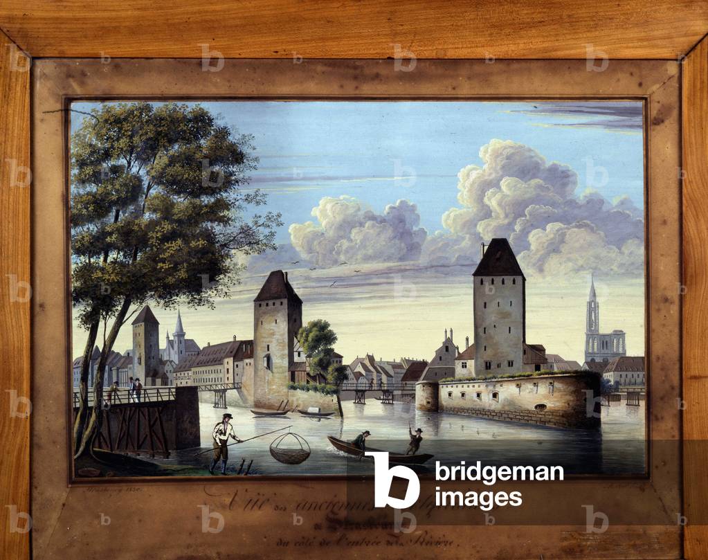Blick auf die alten Festungen in Straßburg an der Seite des Flusseingangs - Malerei auf Glas, 1830