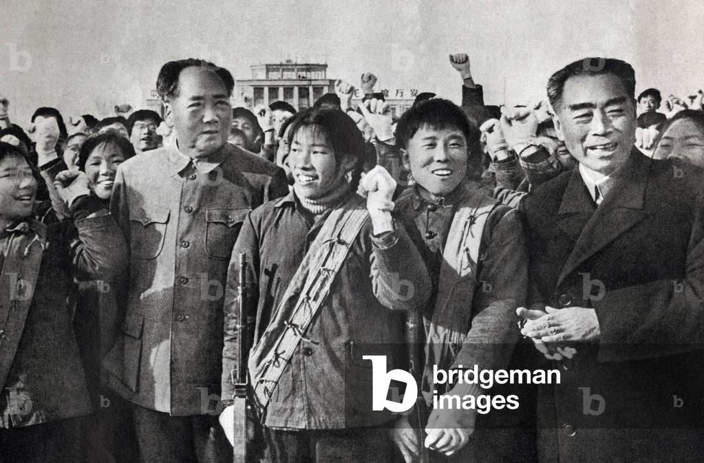 Zhou Enlai (or Chou En-Lai (En Lai) or Cheou Ngen-Lai (Ngen lai) or Chu En Lai) (1898-1976) and President Mao (1893-1976) among the army troops of the People's Republic of China in 1964. Photography, in “The Life of Zhou En Lai”, Shanghai, 1977.