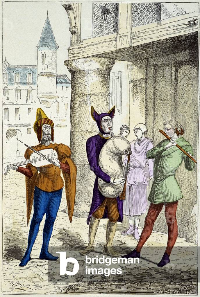 Travelling musicians in the 15th century - in “” Costumes de Paris through the centuries””, 19th century