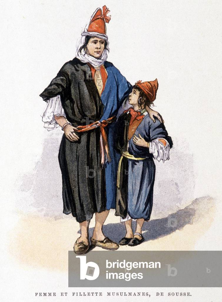 Muslim woman and girl, from Sousse - in “” Tunis et ses environs”” by Charles Lallemand, 1890, Paris Quentin