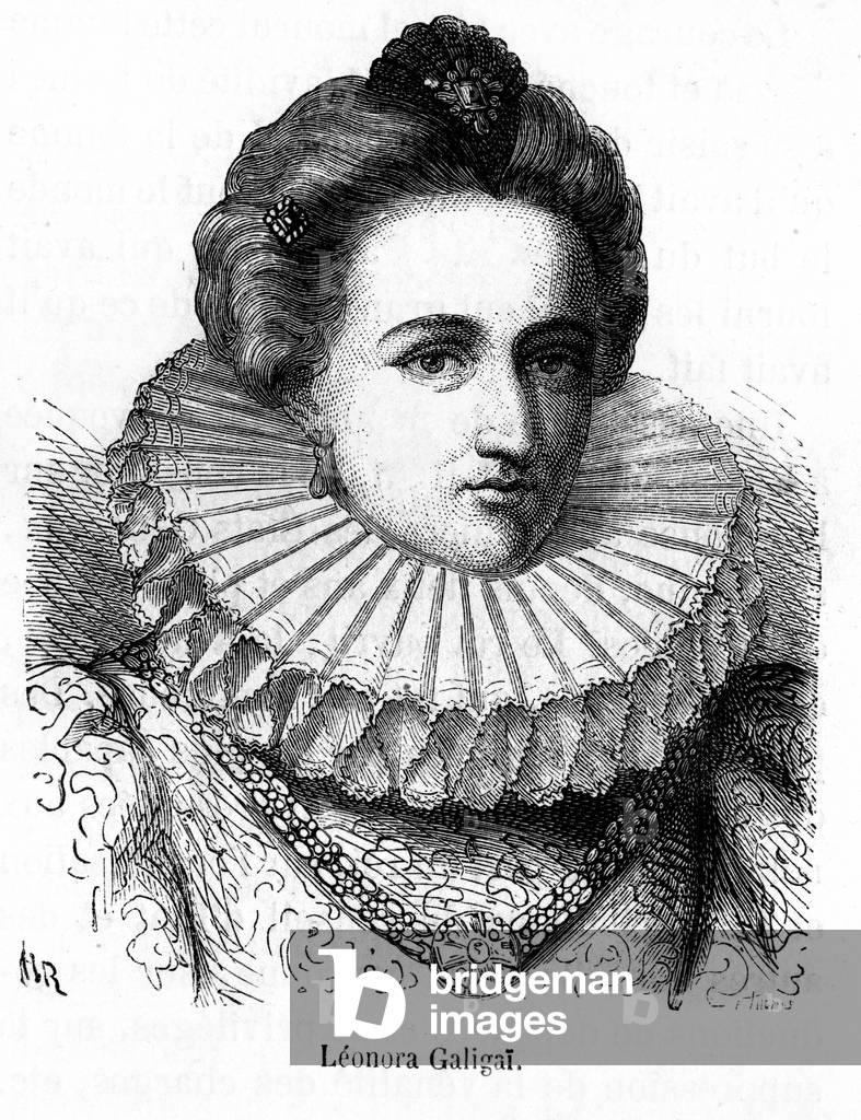 Portrait of Leonora Dori (or Dosi) dit Galigai, marechale d'Anchre (1568-1617), confidente de Marie de Medicis - in “” Histoire de France populaire”” by Henri Martin, sd. 19th century.