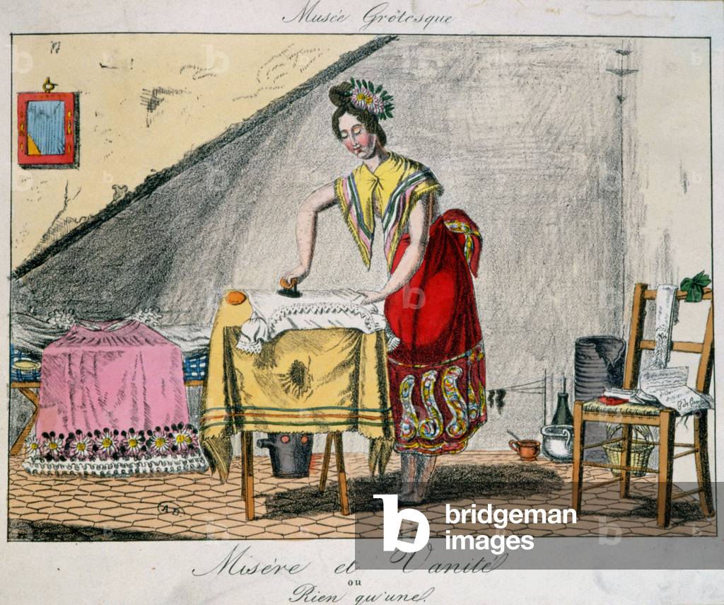 Woman resurrecting her lingerie in a supente - in “” Misery and Vanity”””, taken from the “” Musée Grotesque””, v.1820.