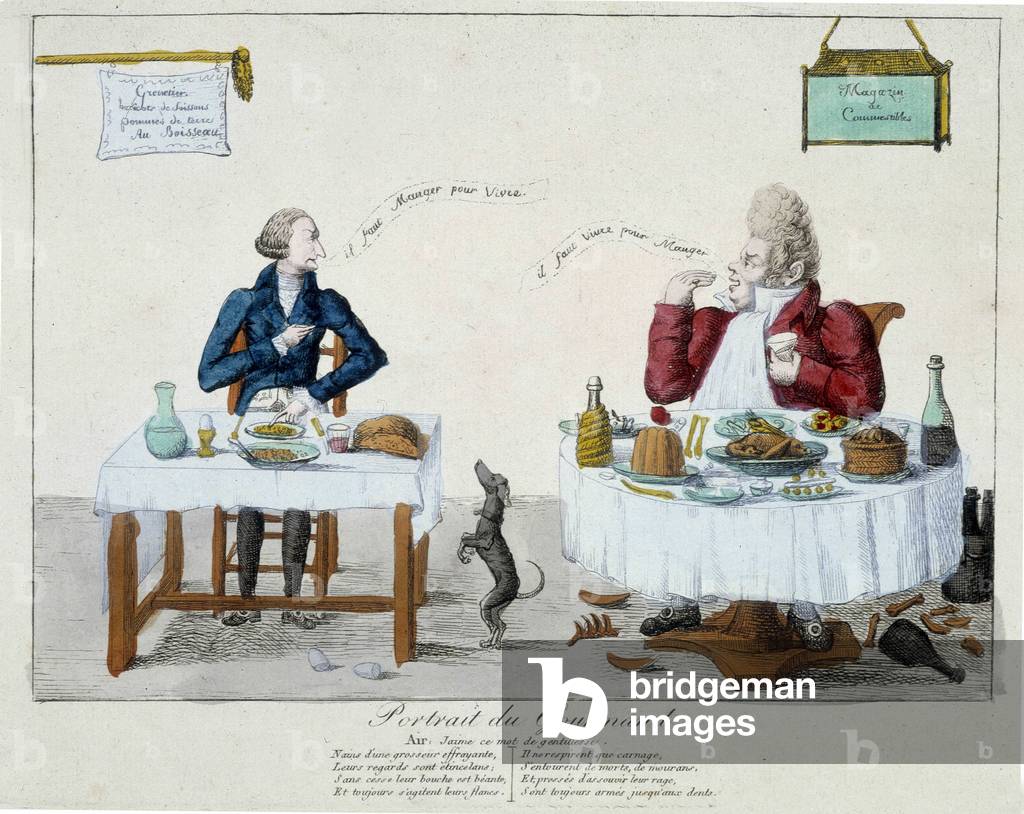 Portrait of the gourmand: “” you must eat to live, you must live to eat”” - engraving, 19th century