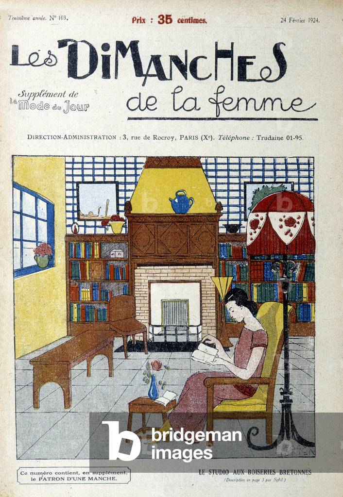 Woman reading in a living room with Breton woodwork. Cover illustration of the newspaper 