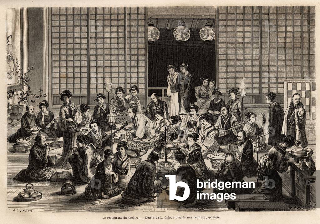 The dining room of the Yokohama Theatre is permanently filled, even during the performance. Engraving to illustrate the journey to Japan, by Aime Humbert, minister of the Swiss Confederation, in 1863-1864, published in “” le tour du monde””, under the direction of Edouard Charton, Hachette, Paris 1869.Selva Collection.