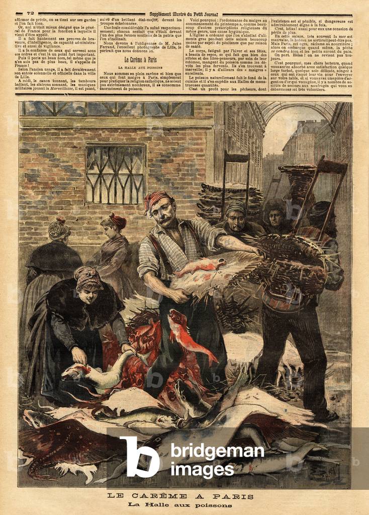 La Halle aux poissons de Paris. Engraving in “” Le petit journal””” 4/03/1893. Collection by Selva.