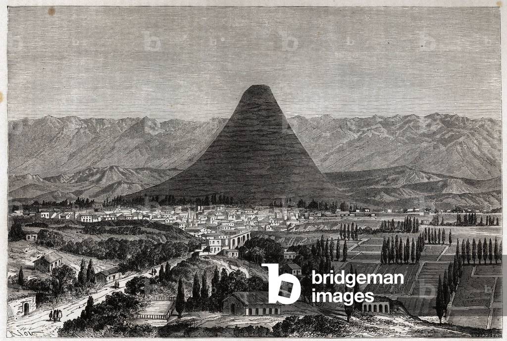 The town and valley of Arequipa (Peru), drawing by Paul Marcoy, to illustrate his journey from the Atlantic Ocean to the Pacific Ocean, through South America, 1848 to 1860. Engraving in “” Le tour du monde””, edited by Edouard Charton, 1862. Selva's collection.