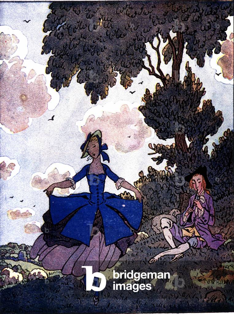 Shepherd playing flute and shepherdess dancing
