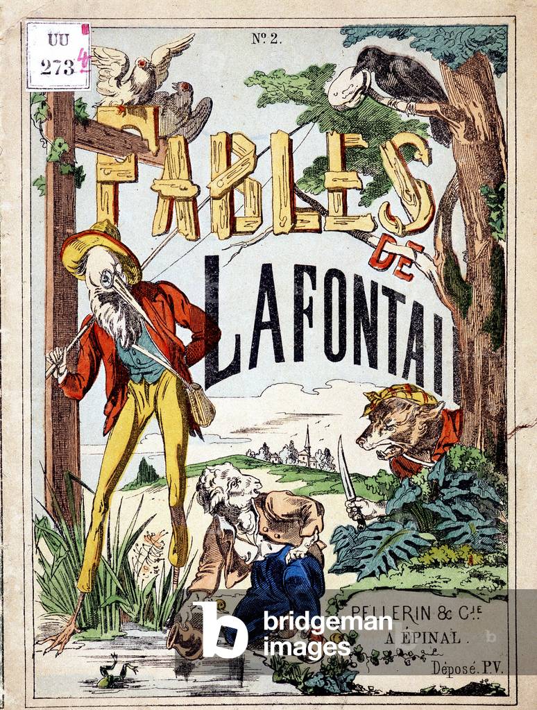 Cover of the book of the Fables of La Fontaine. Engraving of the imagery of Epinal.