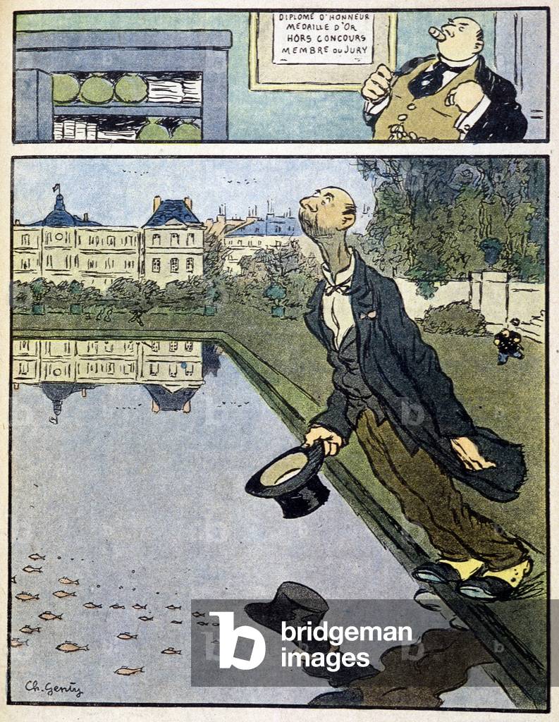 A businessman who is suffering from budgetary restrictions decides to commit suicide. In “La bayonette”, March 7, 1918.