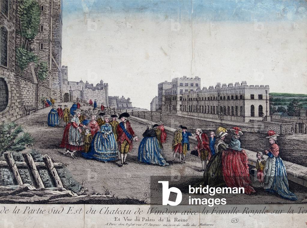 Veduta della porta sud-est del castello di Windsor con la famiglia reale sulla terrazza. sd. v. 1785