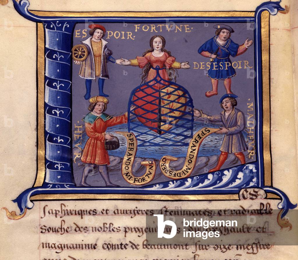 Personifications Fortune, Hope, Desperation, Woe and Woe - in “” Discours de l'origine, office, charge, progresses, privileges et immunite des roys et heraults d'armes de France”” by the Baron de Montmorency, 16th century. Bibl. de l'Arsenal, Paris.