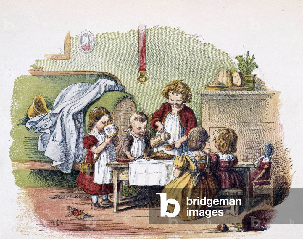 Breakfast in “” Schnik, schnak, trifles for the little ones””, children's games. ed. London- Georges Ronthedge and sons. New York, The broad way Ludgate n.d. c. 1890.