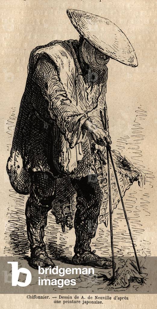 A walking rag, using long chopsticks he grabs the rags he stores in his basket before selling them to a wholesaler. Engraving to illustrate the journey to Japan, by Aime Humbert, minister of the Swiss Confederation, in 1863-1864, published in “” le tour du monde””, under the direction of D'Edouard Charton, Hachette, Paris 1869.Selva Collection.