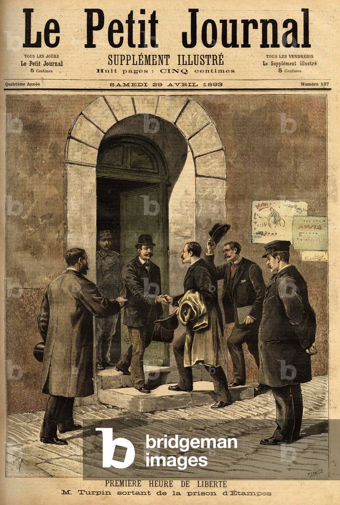 Eugene Turpin (1848-1927), chemist, inventor in 1884 of melinite (an explosive), unjustly accused of having sold his invention to the enemy, was innocent and freed from the prison of Etampes. Engraving in “” Le petit journal”” 29/04/1893. Selva's collection.
