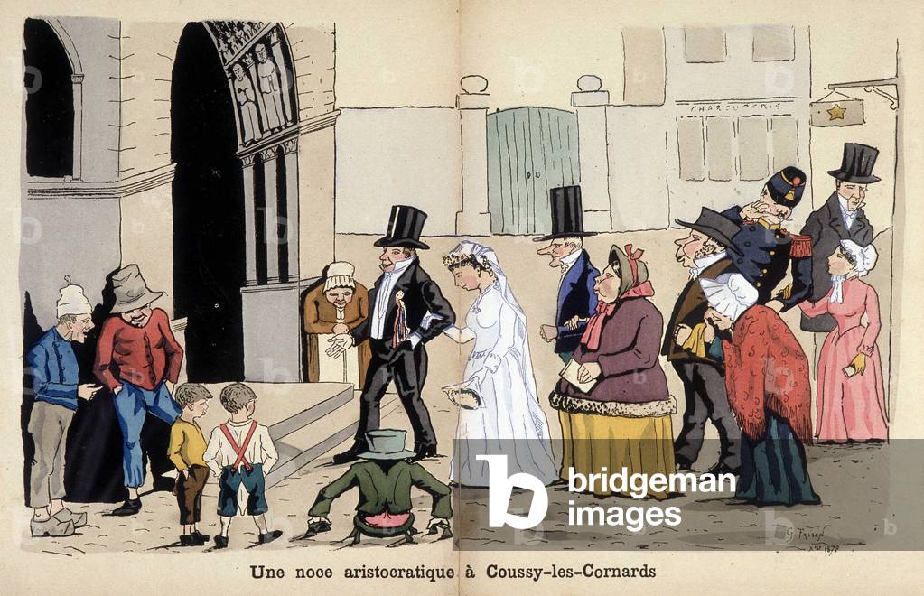 Cartoon on French society by Lavrate: an aristocratic wedding in Coussy les Cornards. 1880