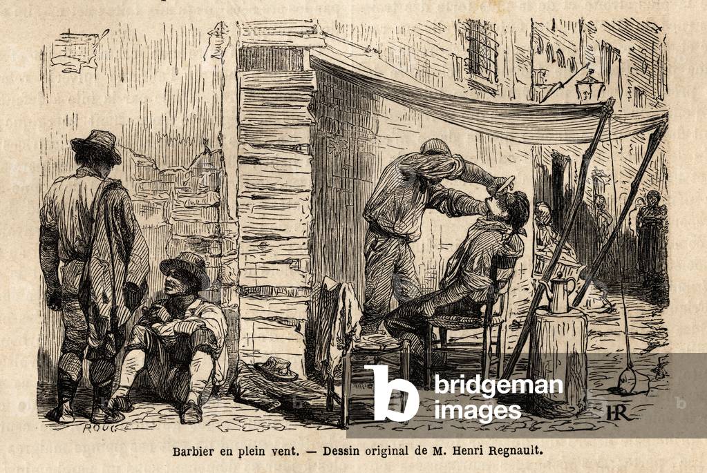 A barber in the wind in the streets of Rome. Engraving to illustrate the voyage to Rome, by Francis Wey, in 1864-1868, published in “Le tour du monde, nouveau journal des voyages”, under the direction of Edouard Charton, 1868, Paris. Selva Collection.