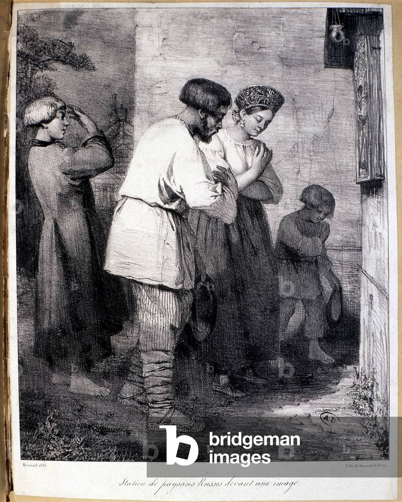 Russian peasants bowing in front of an icon - engraving, 1836
