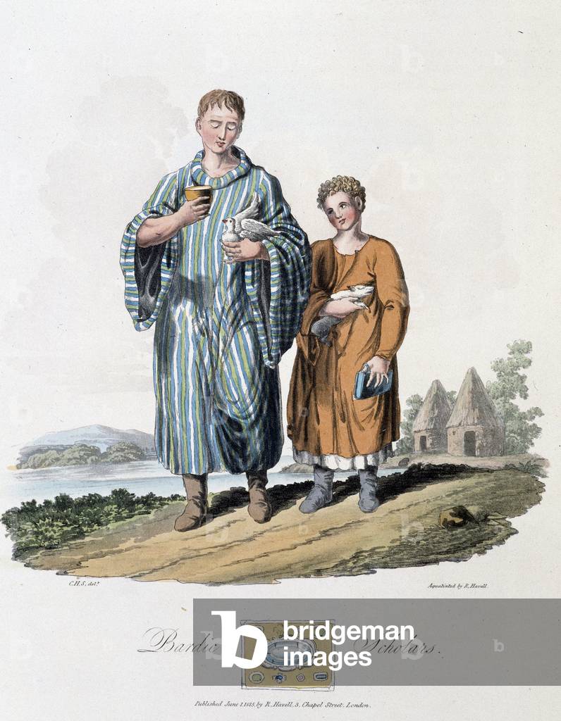 Schoolboy and his master - in “” Celts and Goths, customs of the inhabitants of the British Isles of the early 6th century and of the Goth nations of the west coast of the Baltic””, by S.R. Meyrick and Ch. Smith, 1815