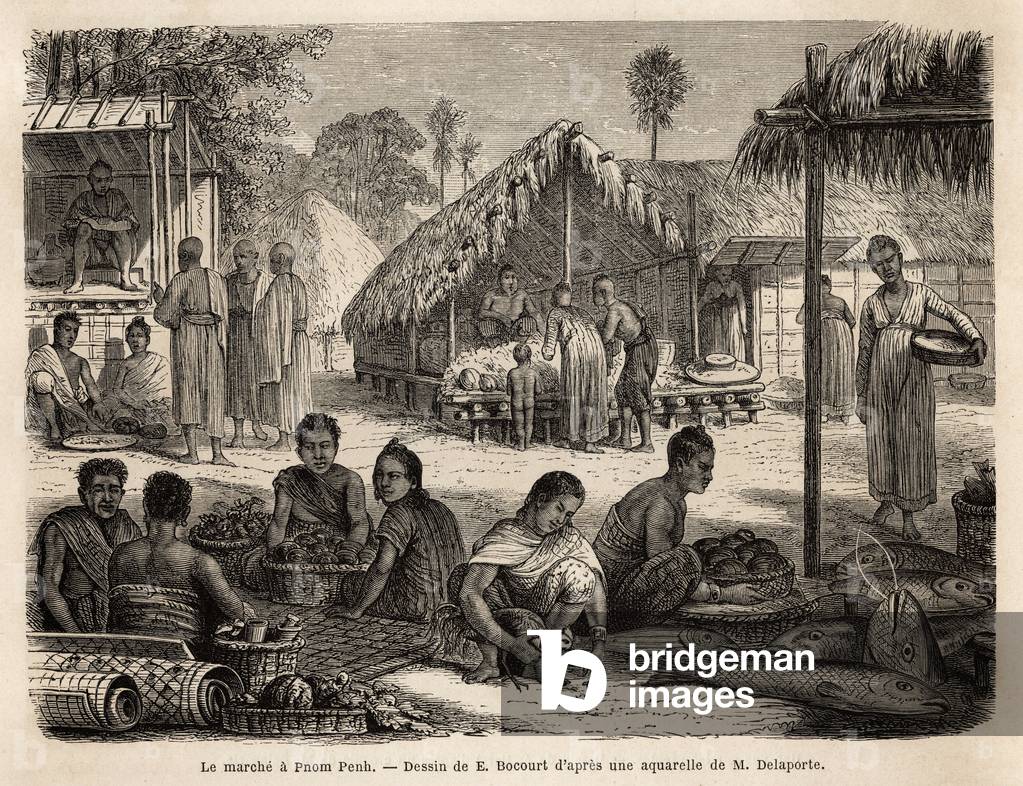 The market in Phnom Penh, where Malaysian shopkeepers and Chinese traders offer a wide range of consumer and manufacturing products. Engraving to illustrate the voyage of exploration in Indochina, by Francis Garnier, lieutenant de Vaissseau, in 1866-1868, published in “” Le tour du monde””” 1870-1871, edited by Edouard Charton, edition Hachette, Paris. Selva Collection.