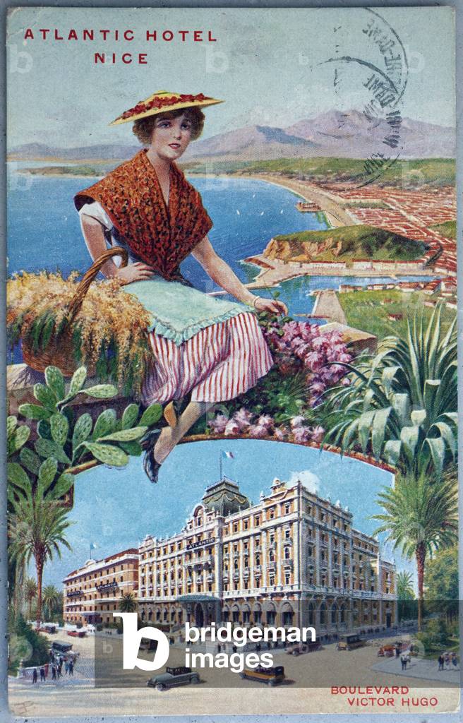 Nice, Atlantic hotel. Old postcard, colour illustration early 20th century.