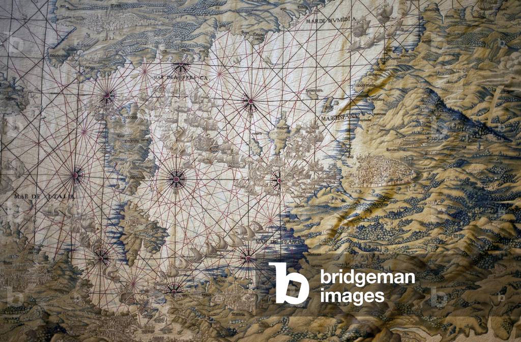 Map of the Mediterranean Sea - Detail of the conquete of Tunis (Tunisia) - Tapestry by Francisco and Cornelius Van der Ggot (18th century), woven into the royal tapestry factory, mid-18th century, after the tapestry of the 16th century by Willem de Pannemaker - (Tunis Conquest, detail, tapestry by F. and C. Van der Ggot, mid 18th century) - Museum of Seville (Spain) -