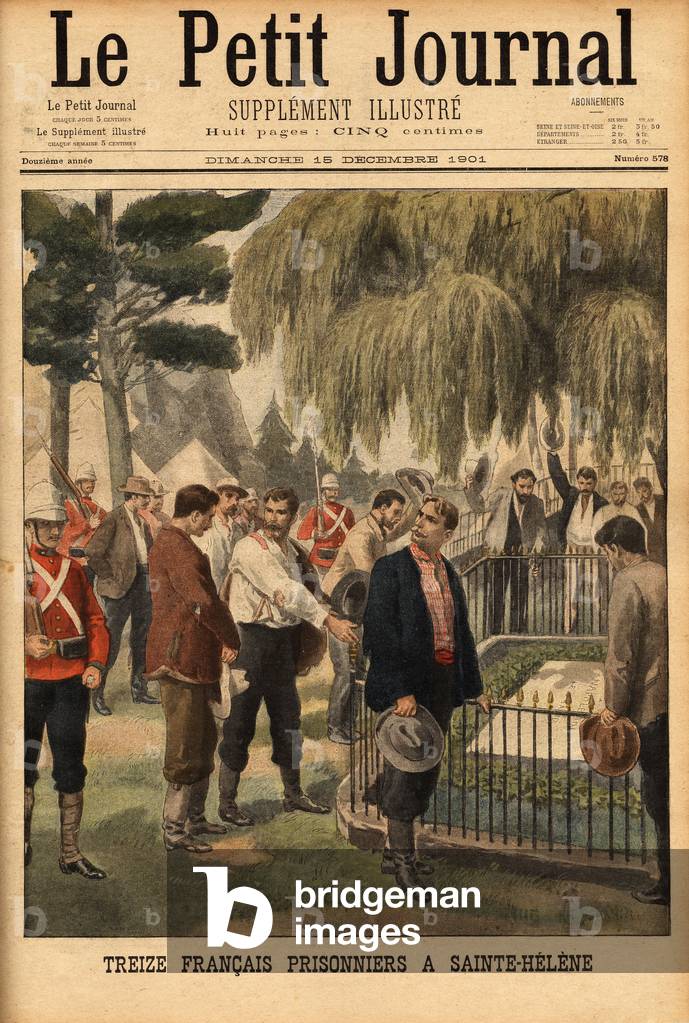 Thirteen French prisoners, defensers of Transvaalian independence, locked in the island of Saint Helene by the English who captured them in South Africa, gathered in front of the tomb of Napoleon Bonaparte (1769-1821), general and emperor of the French. Engraving in 