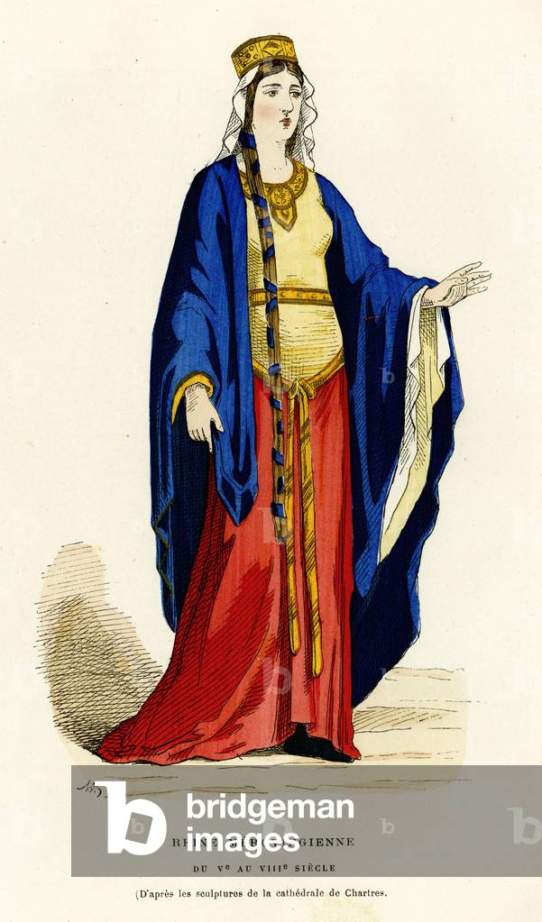 Merovingian queen's costume from the 5th to the 8th century, she wears a golden crown on a long hair smooth and braided in a long mat that goes down to the knees, on a camisa fitted on the hips, a beautiful gold embroidered belt is knotted, identical embroideries on the neckline and wide sleeves, a long corset called gipon and on her Shoulders, is thrown chlamyde. Colour engraving after the sculptures of the Cathedrale de Chartres, in “France and the French through the centuries” by Augustin Challamel, F.Roy editor, Paris 1882. Selva Collection.