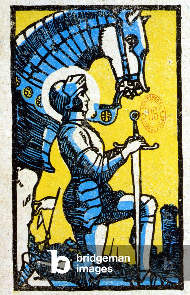 Joan of Arc in Armor - in “Les Chevaliers de la Douce France”, woodcut by students of the Art School of Giadinh, Vietnam, 1942