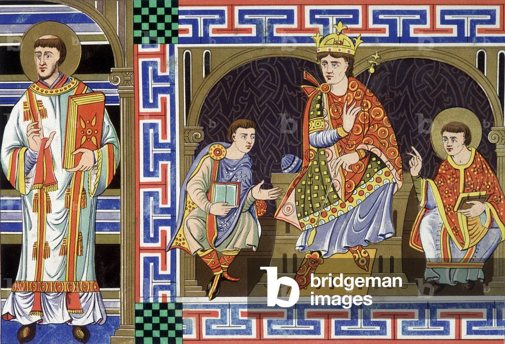 A deacon, a noble figure, a king and an eveque illustrating the people of the tenth century; Illustration of the nineteenth century draws from “France in the tenth century””.