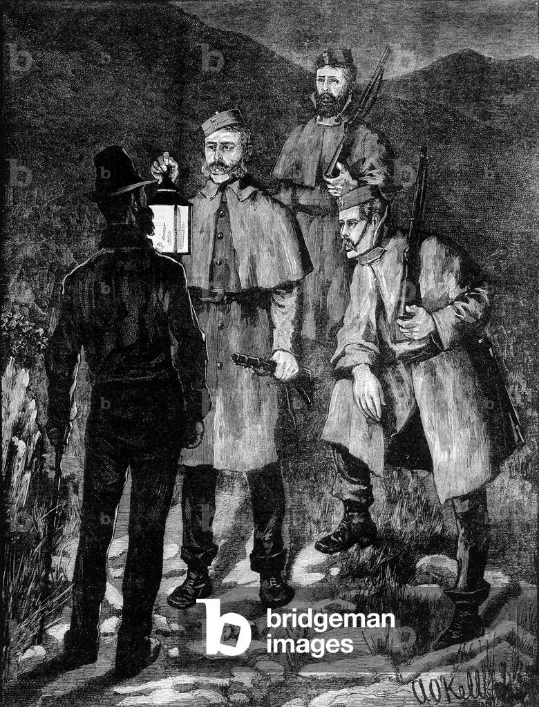 Irish police patrol controlling a suspect (1881).