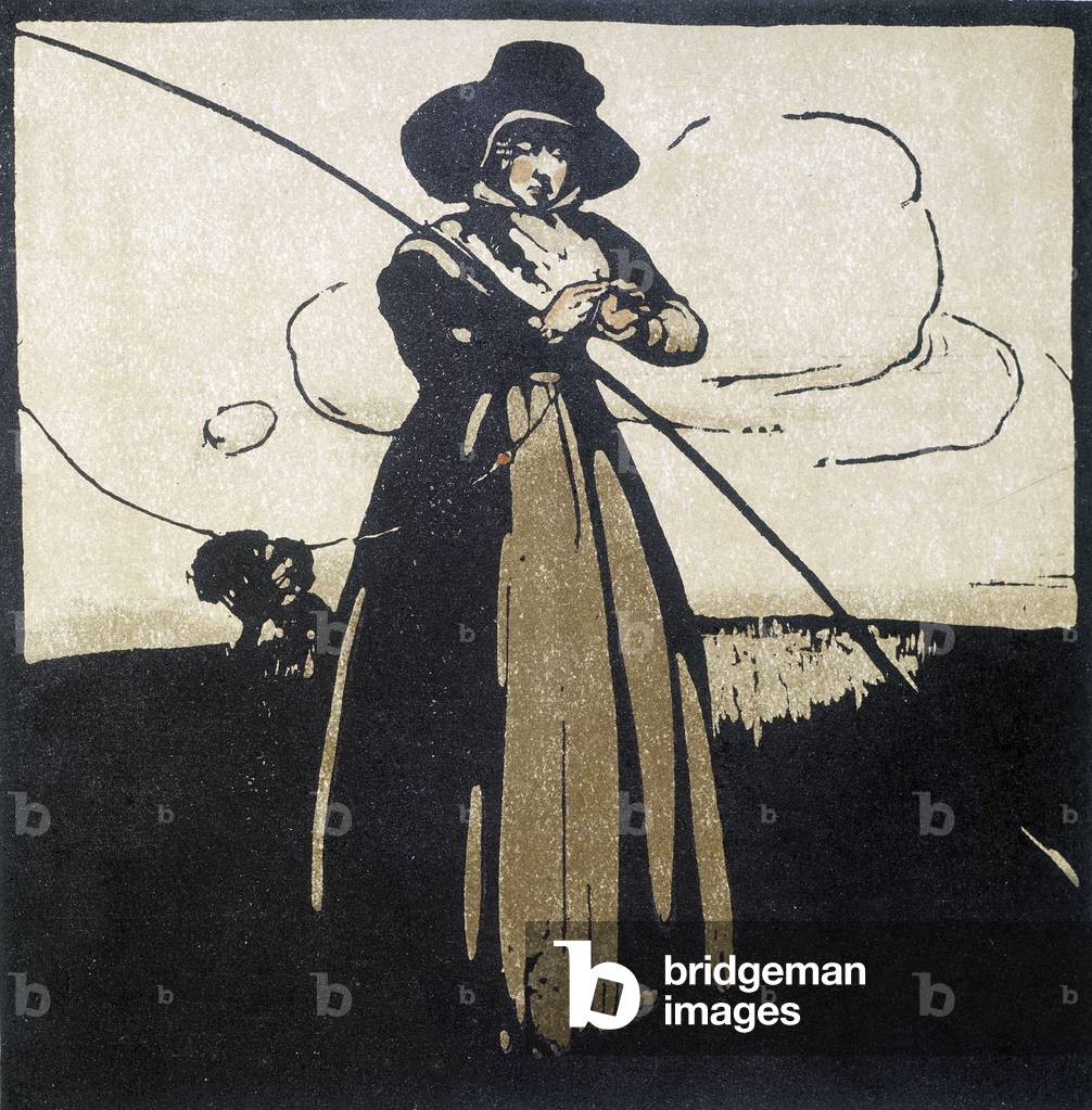 Angling: Woman preparing her hook - calendar, 1898, Arts Deco.